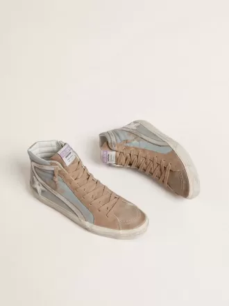 Slide da uomo in tela azzurra con inserti in pelle metallizzata argento