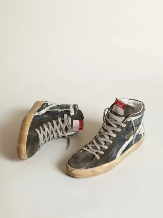 Slide in denim blu notte con stella in pelle bianca Slide in denim blu notte con stella in pelle bianca