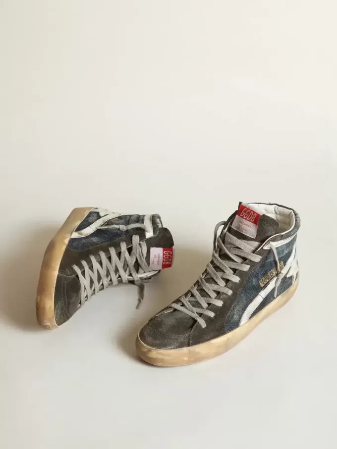 Slide in denim blu notte con stella in pelle bianca