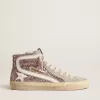 Slide in glitter lilla con stella e flash in pelle bianca Slide in glitter lilla con stella e flash in pelle bianca
