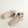 Slide in glitter lilla con stella e flash in pelle bianca Slide in glitter lilla con stella e flash in pelle bianca