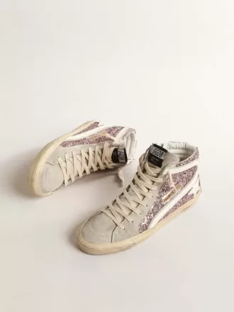 Slide in glitter lilla con stella e flash in pelle bianca