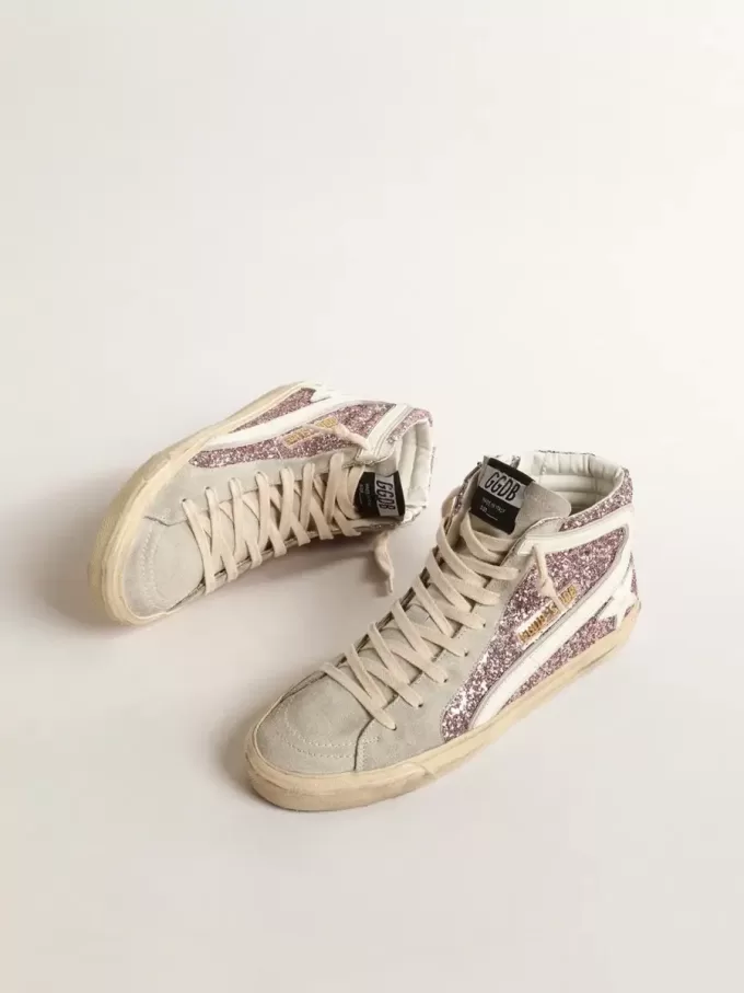Slide in glitter lilla con stella e flash in pelle bianca Slide in glitter lilla con stella e flash in pelle bianca
