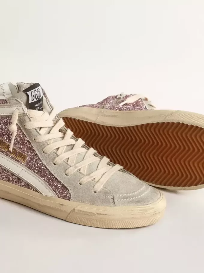 Slide in glitter lilla con stella e flash in pelle bianca Slide in glitter lilla con stella e flash in pelle bianca