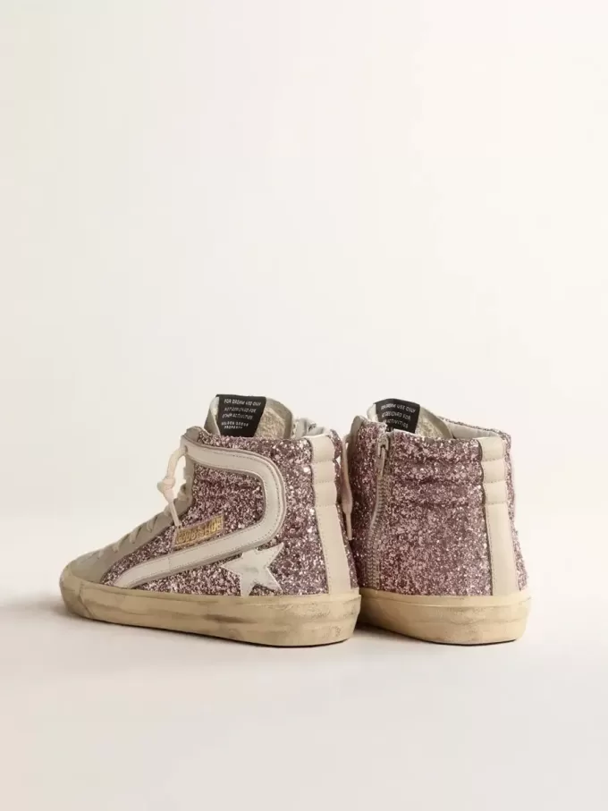 Slide in glitter lilla con stella e flash in pelle bianca Slide in glitter lilla con stella e flash in pelle bianca