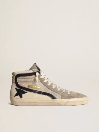 Slide in mesh beige e nylon con stella e flash in pelle blu