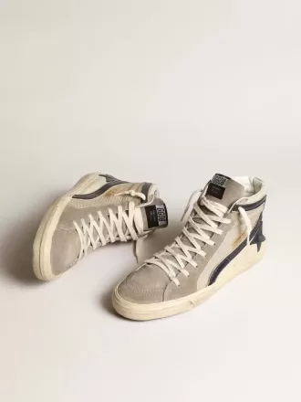 Slide in mesh beige e nylon con stella e flash in pelle blu