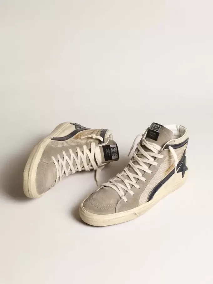 Slide in mesh beige e nylon con stella e flash in pelle blu