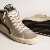 Slide in mesh beige e nylon con stella e flash in pelle blu