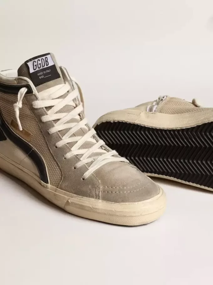 Slide in mesh beige e nylon con stella e flash in pelle blu