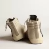 Slide in mesh beige e nylon con stella e flash in pelle blu