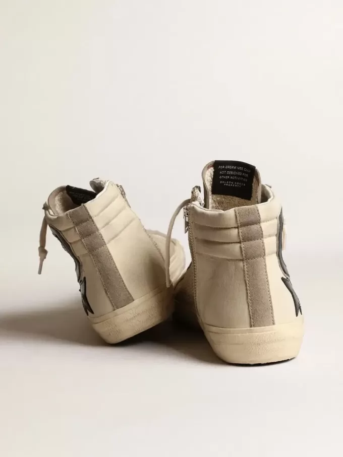 Slide in mesh beige e nylon con stella e flash in pelle blu