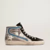 Slide in pelle metallizzata argento con stella in pelle bianca Slide in pelle metallizzata argento con stella in pelle bianca