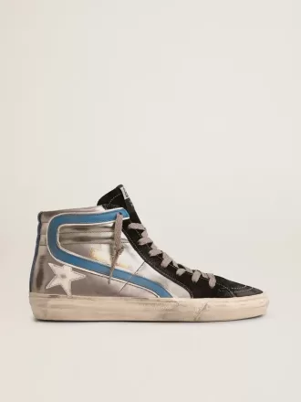 Slide in pelle metallizzata argento con stella in pelle bianca Slide in pelle metallizzata argento con stella in pelle bianca