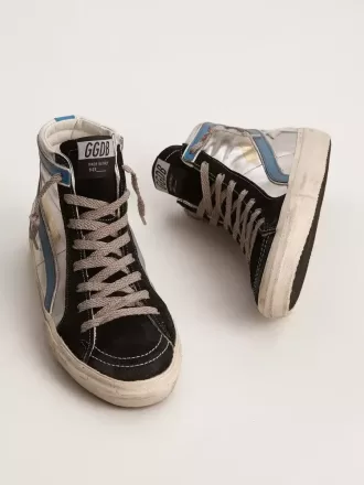 Slide in pelle metallizzata argento con stella in pelle bianca Slide in pelle metallizzata argento con stella in pelle bianca
