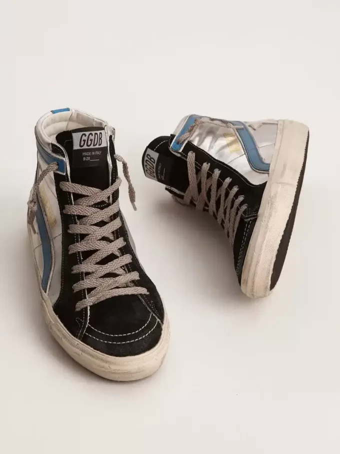 Slide in pelle metallizzata argento con stella in pelle bianca Slide in pelle metallizzata argento con stella in pelle bianca