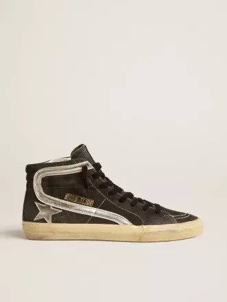 Slide in pelle scamosciata nera con stella e flash in pelle metallizzata argento