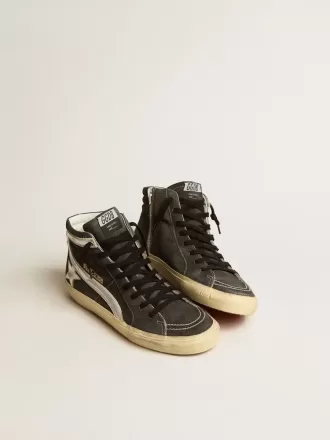 Slide in pelle scamosciata nera con stella e flash in pelle metallizzata argento