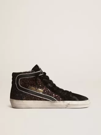 Slide marroni glitterate con stella e flash in pelle nera Slide marroni glitterate con stella e flash in pelle nera