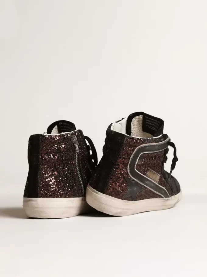Slide marroni glitterate con stella e flash in pelle nera Slide marroni glitterate con stella e flash in pelle nera
