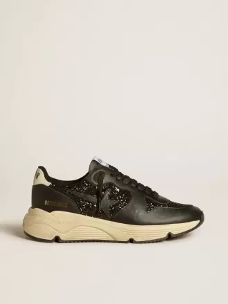 Sneaker da donna Running Sole in nero glitterato con stella in pelle e linguetta sul tallone in nabuk