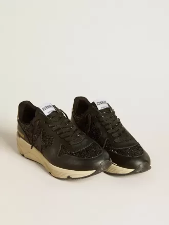 Sneaker da donna Running Sole in nero glitterato con stella in pelle e linguetta sul tallone in nabuk