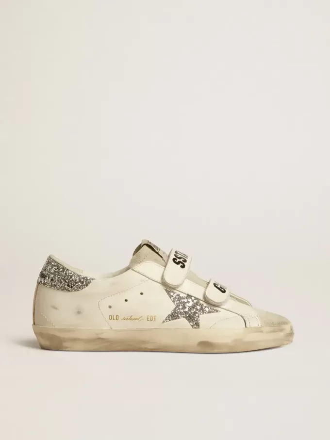 Sneaker Old School da donna con stella glitterata argento e linguetta in camoscio grigio ghiaccio