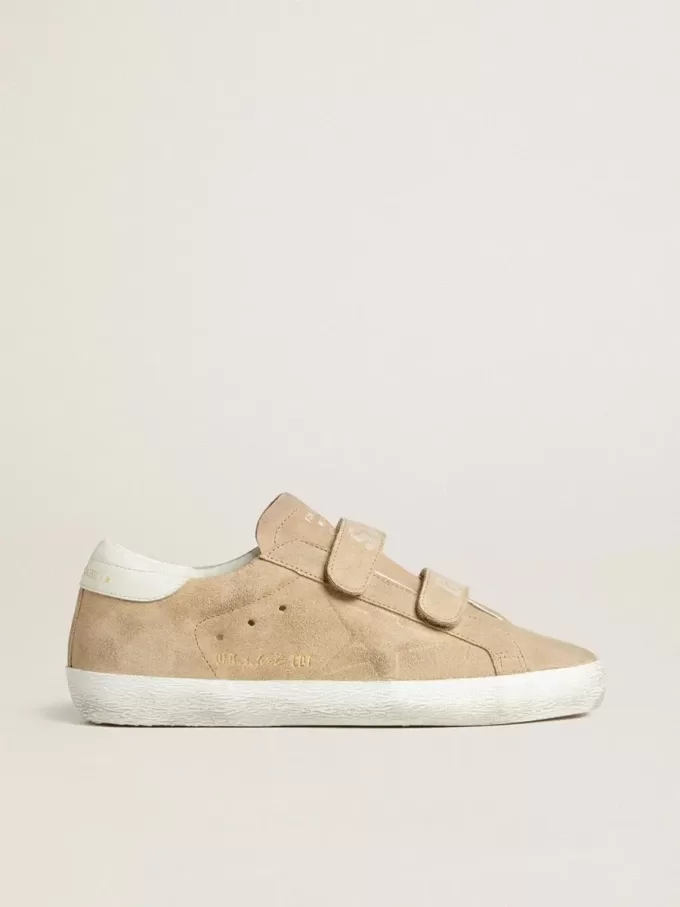 Sneakers Old School da donna in pelle scamosciata beige con linguetta sul tallone in pelle bianca