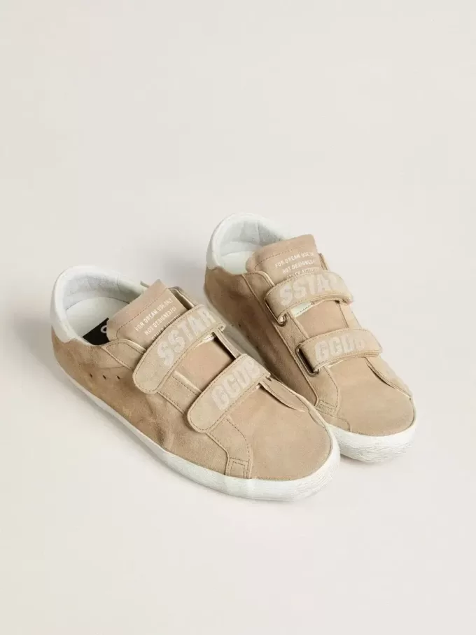 Sneakers Old School da donna in pelle scamosciata beige con linguetta sul tallone in pelle bianca