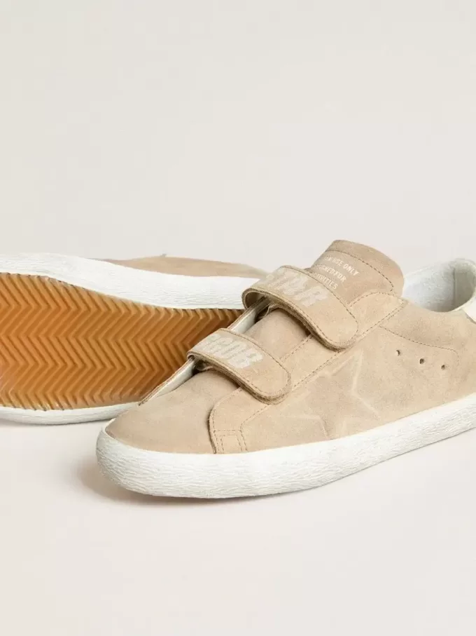 Sneakers Old School da donna in pelle scamosciata beige con linguetta sul tallone in pelle bianca