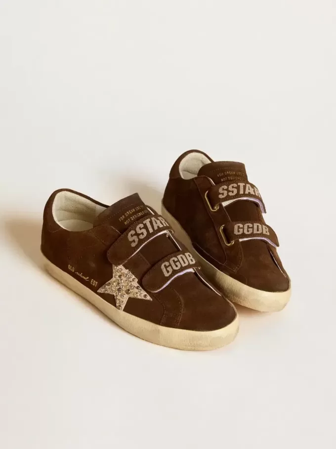 Sneakers Old School da donna in pelle scamosciata marrone con stella in pelle scamosciata beige con borchie e perle Sneakers Old School da donna in pelle scamosciata marrone con stella in pelle scamosciata beige con borchie e perle