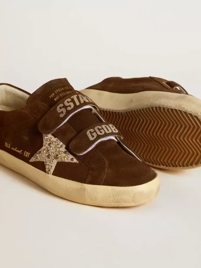 Sneakers Old School da donna in pelle scamosciata marrone con stella in pelle scamosciata beige con borchie e perle Sneakers Old School da donna in pelle scamosciata marrone con stella in pelle scamosciata beige con borchie e perle