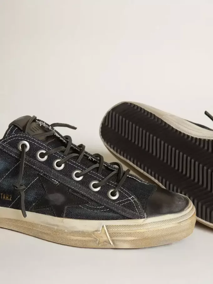 Sneakers V-Star in denim blu notte con stella e puntale in pelle nera