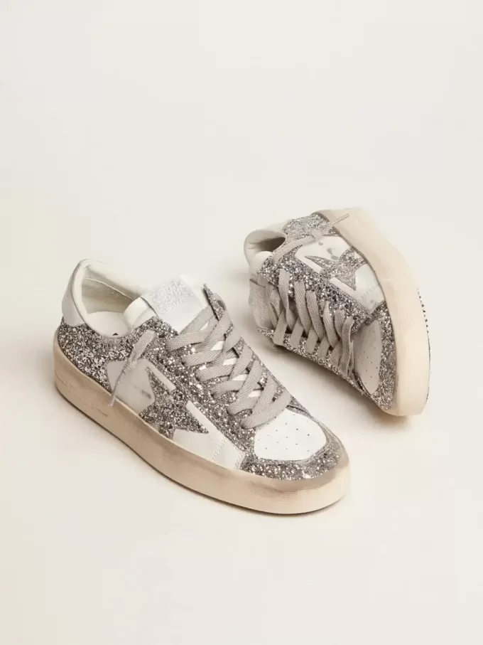Stardan da donna in pelle bianca e glitter Stardan da donna in pelle bianca e glitter