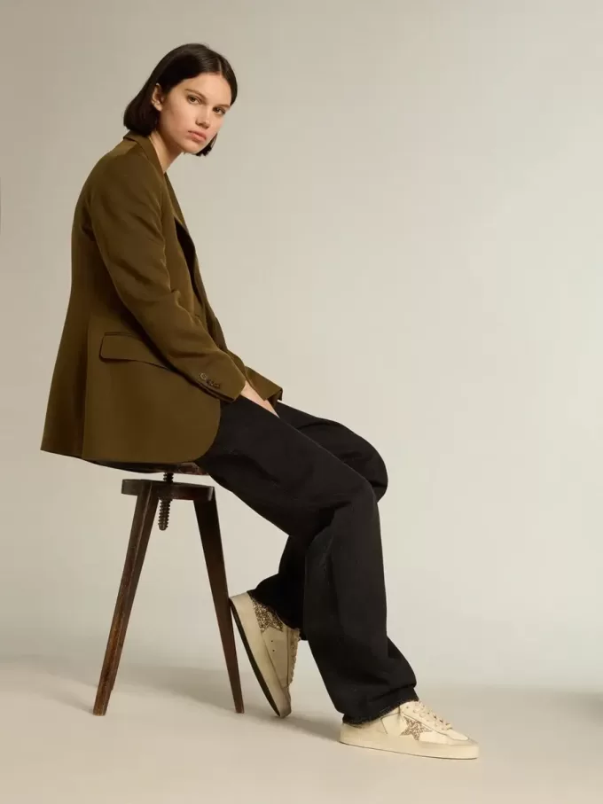 Stardan da donna in pelle nappa écru con stella glitterata dorata e linguetta sul tallone Stardan da donna in pelle nappa écru con stella glitterata dorata e linguetta sul tallone