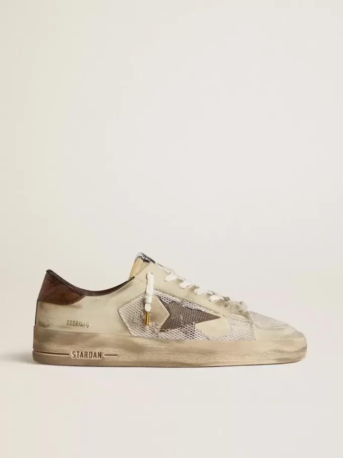 Stardan in nabuk e mesh con stella in pelle marrone con stampa lucertola Stardan in nabuk e mesh con stella in pelle marrone con stampa lucertola