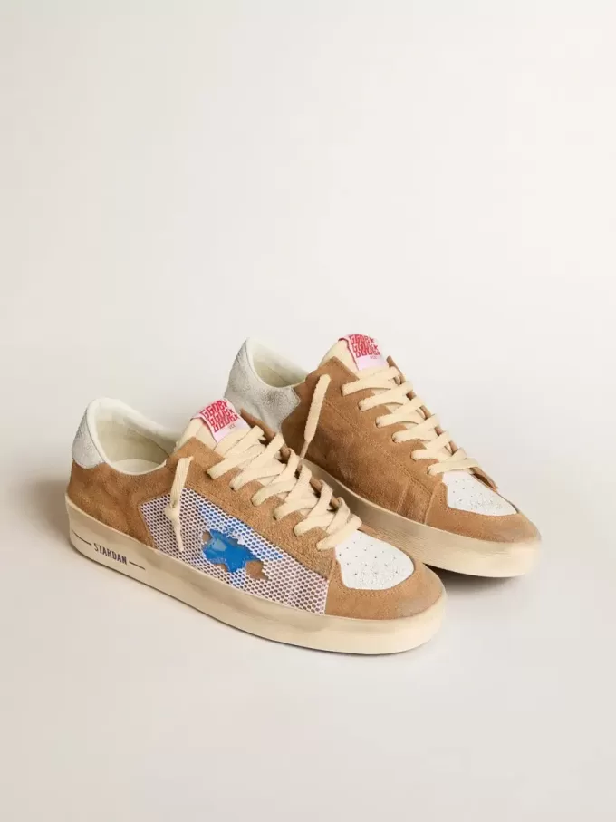 Stardan LTD da uomo in pelle scamosciata color tabacco e mesh con stella blu e linguetta in pelle sul tallone