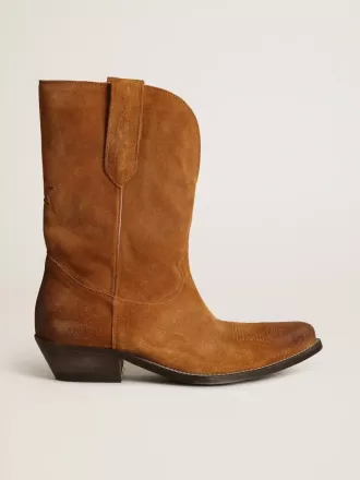 Stivaletti da donna in pelle scamosciata color tabacco con stella intarsiata