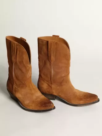 Stivaletti da donna in pelle scamosciata color tabacco con stella intarsiata