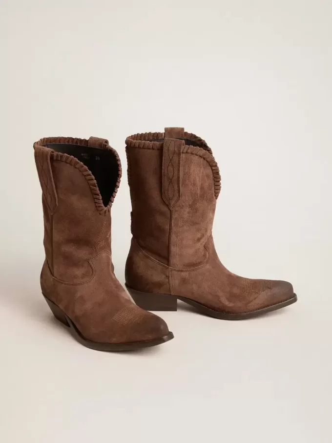 Stivali bassi da donna in camoscio lavato marrone scuro Stivali bassi da donna in camoscio lavato marrone scuro