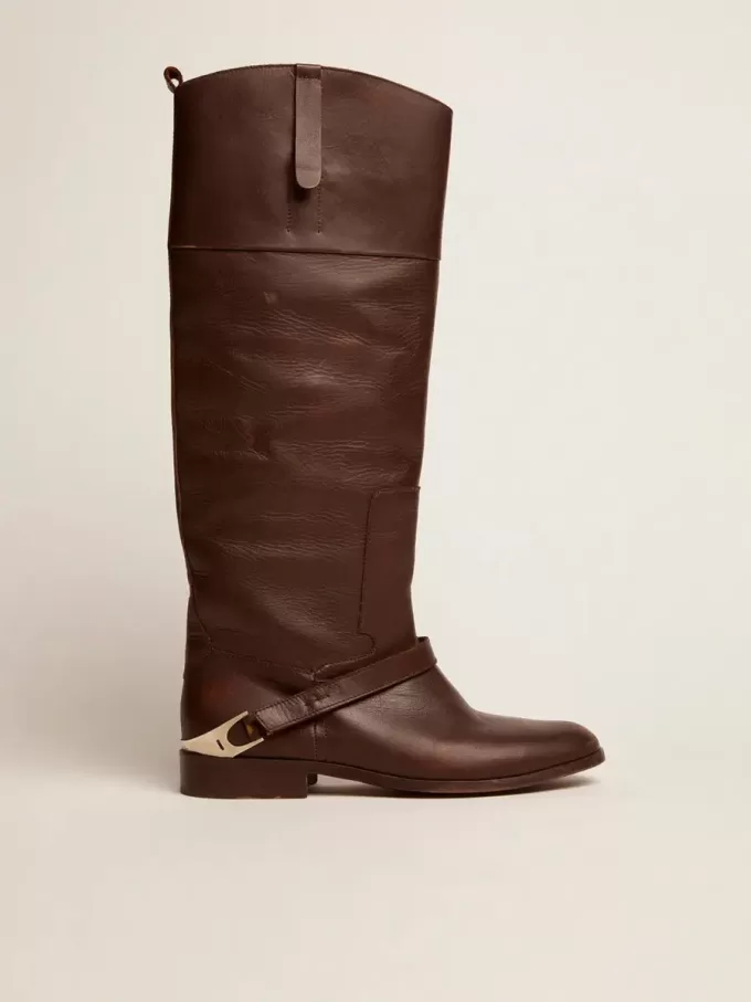 Stivali Charlie da donna in pelle marrone scuro con morsetto sul tallone Stivali Charlie da donna in pelle marrone scuro con morsetto sul tallone