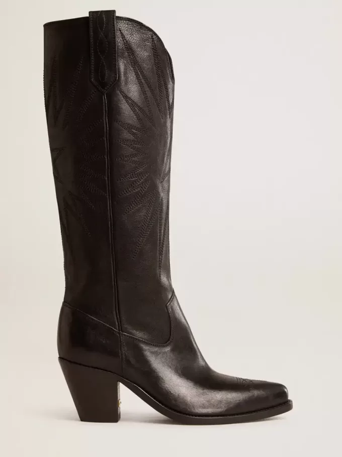 Stivali da donna Wish Star in pelle nera con stella ricamata tono su tono Stivali da donna Wish Star in pelle nera con stella ricamata tono su tono