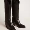 Stivali da donna Wish Star in pelle nera con stella ricamata tono su tono Stivali da donna Wish Star in pelle nera con stella ricamata tono su tono