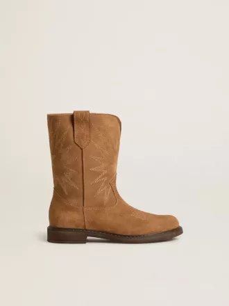 Stivali Wish Junior in pelle scamosciata color cammello con ricamo a stella