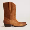 Stivali Wish Star bassi in pelle scamosciata color cognac con stella intarsiata