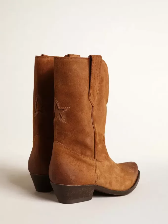 Stivali Wish Star bassi in pelle scamosciata color cognac con stella intarsiata