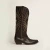 Stivali Wish Star da donna in pelle nera con stella in pelle laminata platino Stivali Wish Star da donna in pelle nera con stella in pelle laminata platino
