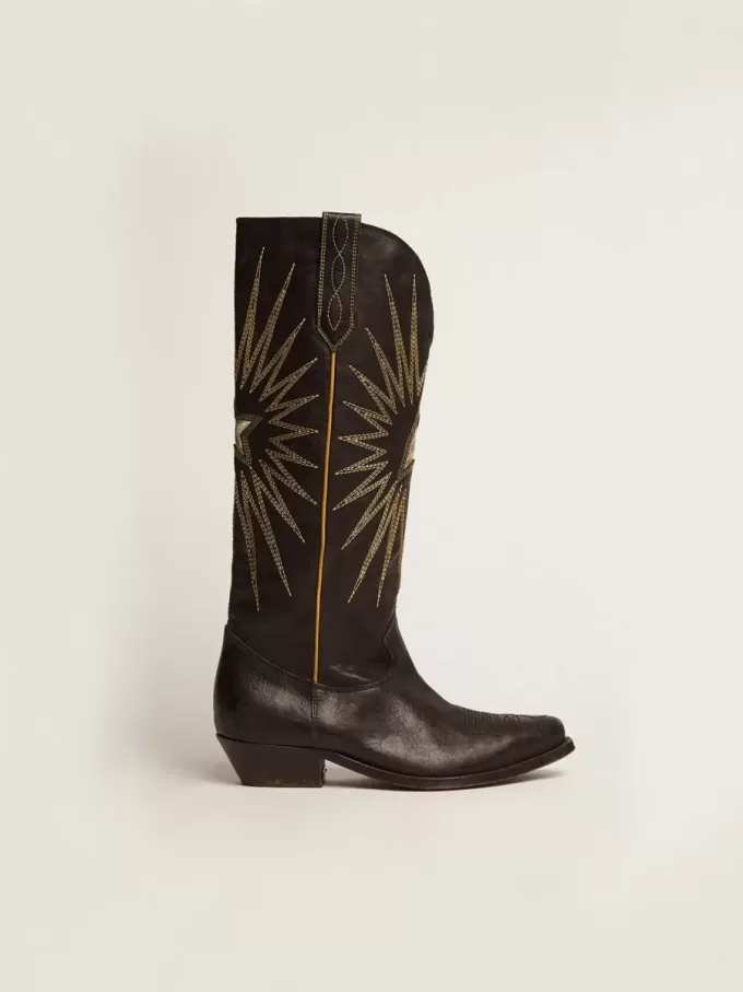 Stivali Wish Star da donna in pelle nera con stella in pelle laminata platino Stivali Wish Star da donna in pelle nera con stella in pelle laminata platino