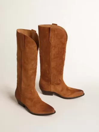 Stivali Wish Star in pelle scamosciata cognac con stella intarsiata tono su tono