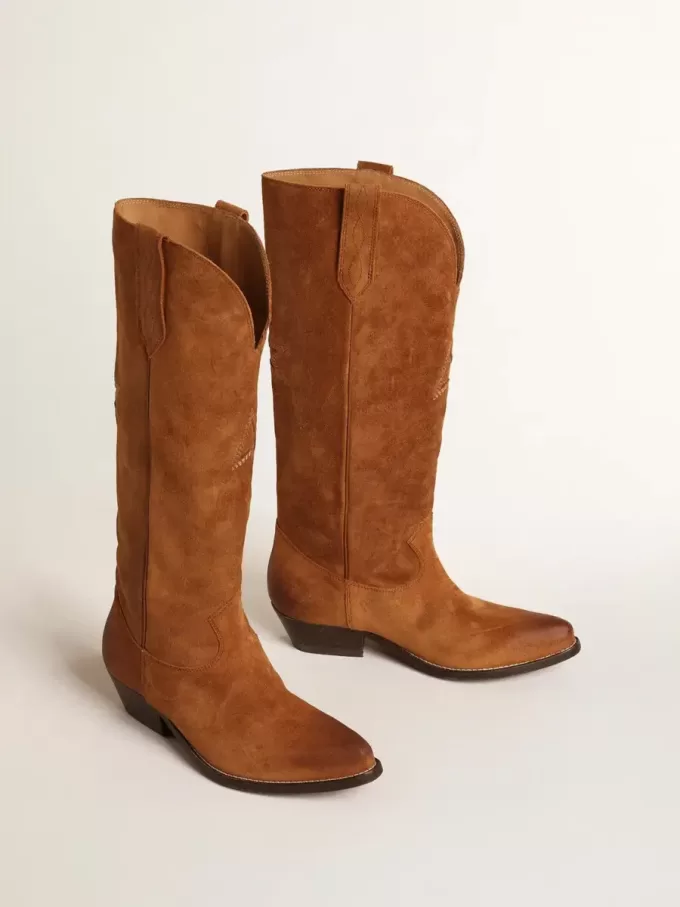 Stivali Wish Star in pelle scamosciata cognac con stella intarsiata tono su tono Stivali Wish Star in pelle scamosciata cognac con stella intarsiata tono su tono